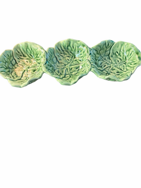 Majolica style cabbage leaf ceramic divided serving dish. 13” long.